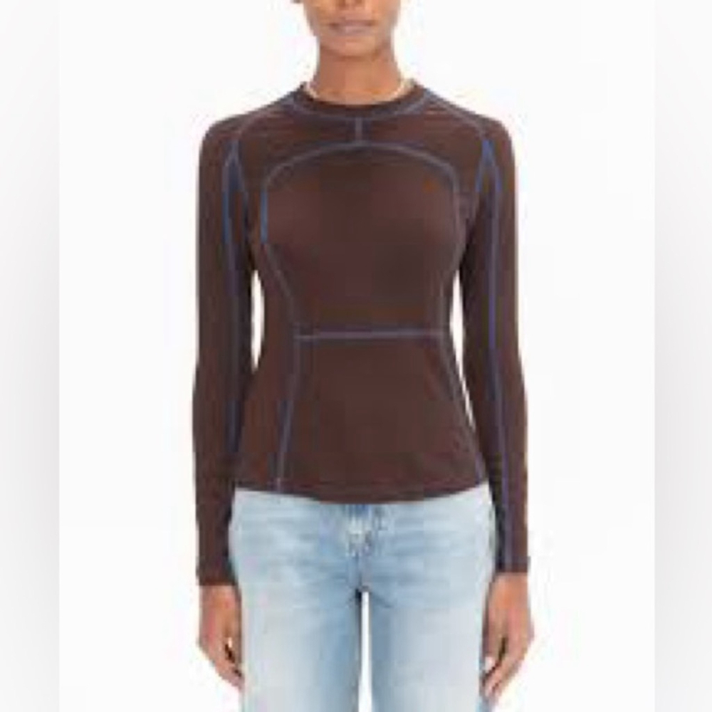 NOMIA Designer Sz L Long Sleeve Scuba Top Brown Blue New Without Tag